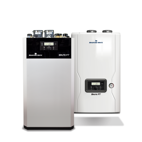 Bradford White Brute FT wall-hung boiler (right) and combination boiler/water heater.