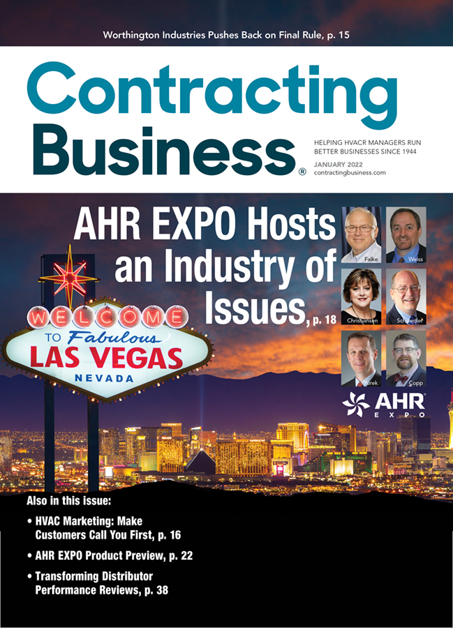 Our January cover is devoted to the AHR EXPO, and pictures six of the many industry experts who will be speaking on the issues during educational sessions.