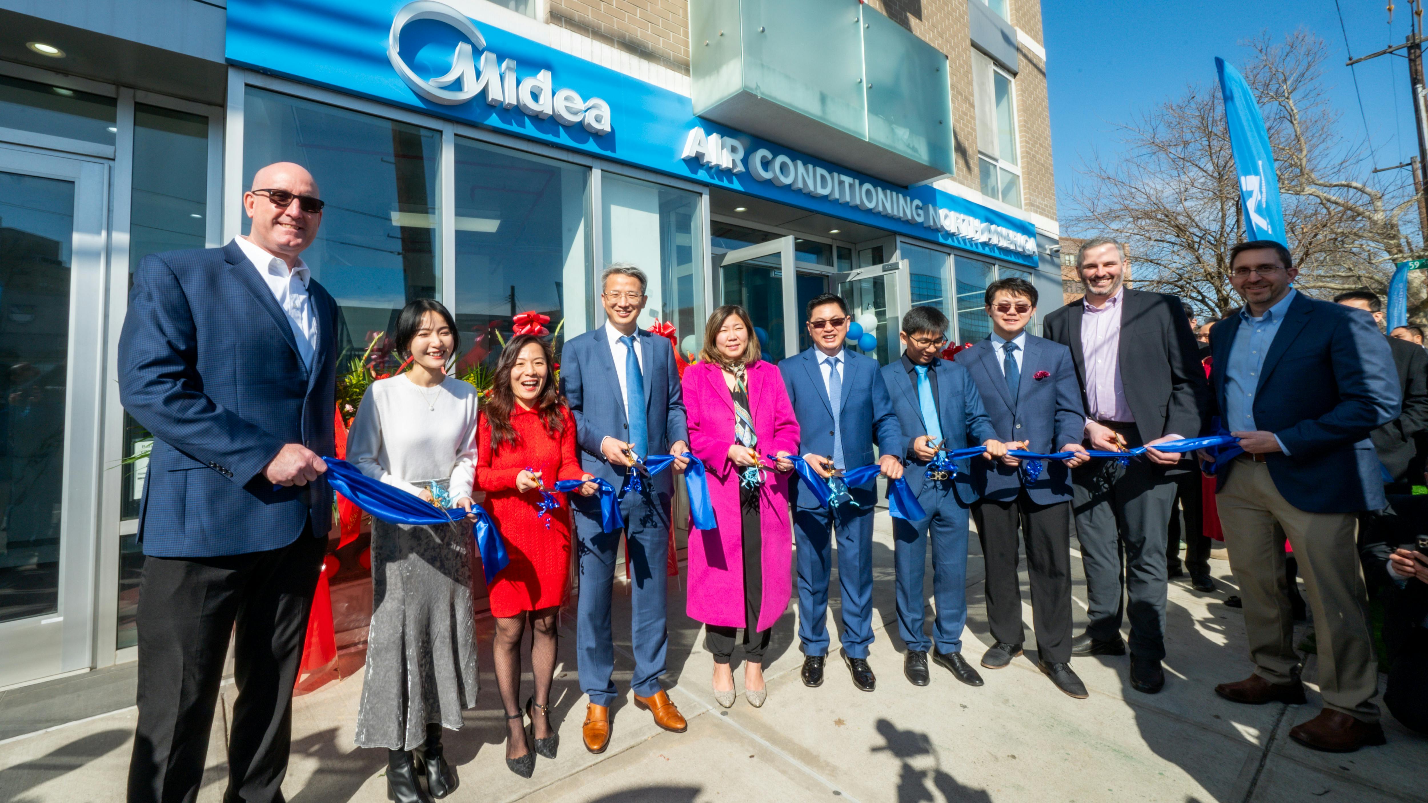 Midea held a ribbon-cutting ceremony for the opening of its first U.S. showroom and distribution center in Queens, NY, on Saturday, Feb. 24, 2024. The innovative space will make heat pumps more accessible for consumers and professionals alike, demonstrating Midea&rsquo;s commitment to equitably integrating advanced heat pump technology into homes across North America. Pictured left to right: David Rames, Midea; Shannon Liu, Midea; Dr. Wenqing Zhang, Ai-Midea; Phil Huang, Midea; U.S. Congresswoman Grace Meng; Kenny Liu, Ai-Midea; Denis Liu, Midea; Victor Xu, Ai-Midea; Chris Corcoran, Assistant Director, New York State Energy and Resource Development Authority; Eric Hervol, Midea.