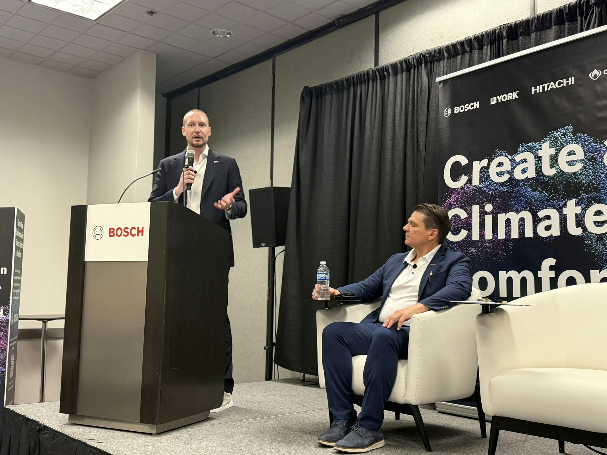 David Budzinksi, deputy CEO and regional president, Americas, Bosch Home Comfort Group, addresses attendees during the company's AHR Expo press conference on Monday, Feb. 2.