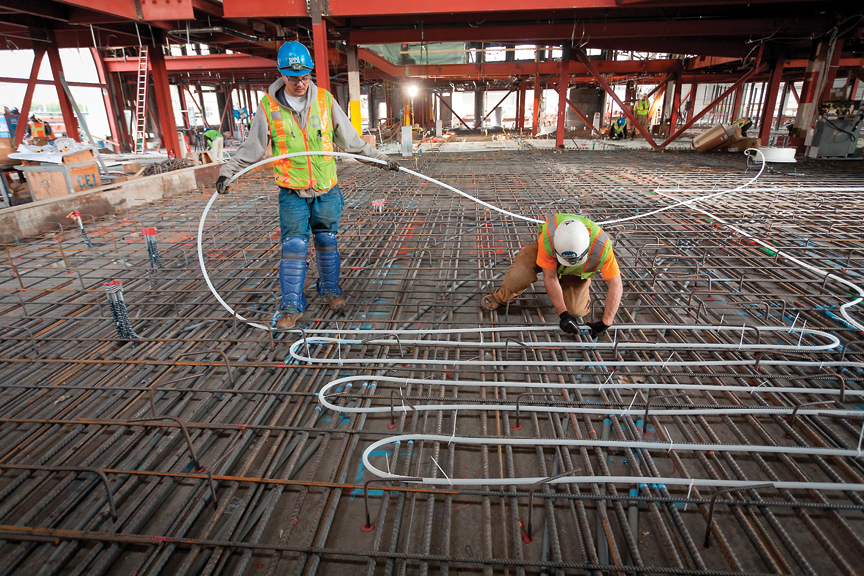 The Pier 15 Exploratorium renovation project used 200000 feet of Wirsbo hePEX crosslinked polyethylene PEXa tubing for the radiant heating and cooling system One of the many benefits of flexible PEX is its ability to bend around existing structural components to incorporate the radiant system with the least amount of disruption to the structure