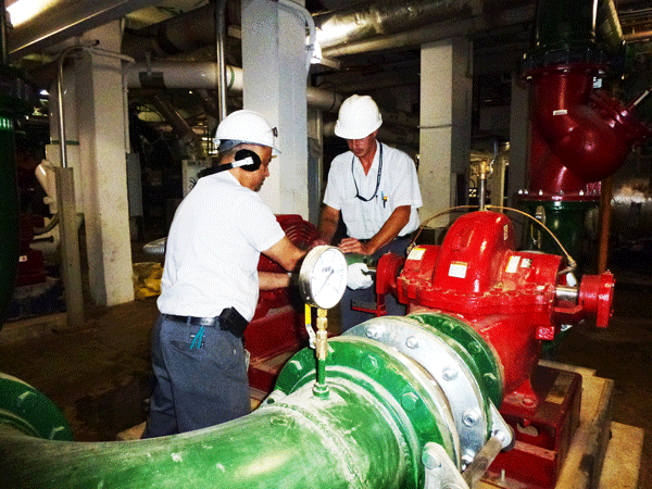 Crockett Facilities Services technicians service a pump coupler and checking for proper alignment This type of preventive maintenance will extend the equipment lifespan