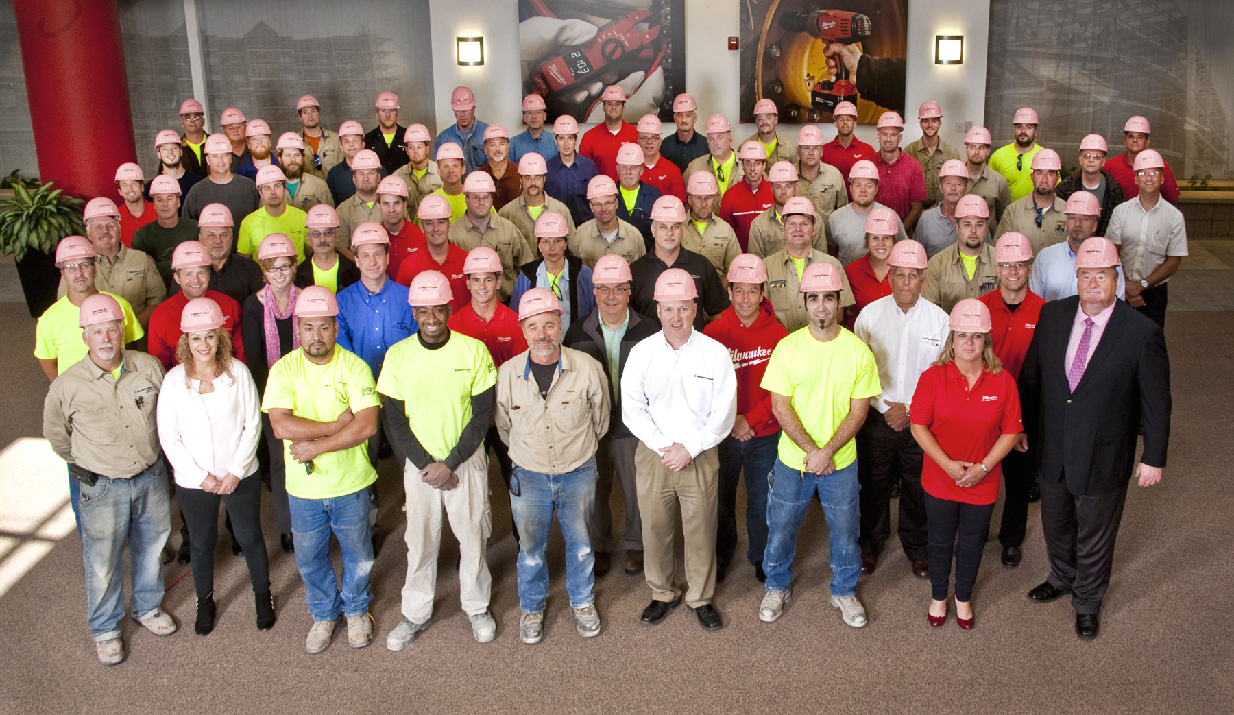 Construction workers at IllingworthKilgust Mechanical are wearing Pink Hard Hats at scores of job sites throughout the area in October including Harley Davidson Milwaukee Tool Corporate Office Kohls Corporate Headquarters and St Lukersquos Medical Center as a ldquoCall to Actionrdquo for EMCORrsquos lsquoProtect Yourself Get Screened Todayrsquo Campaign