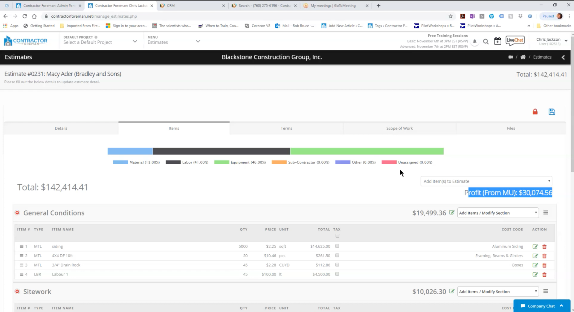 The estimation window in Contractor Foreman.