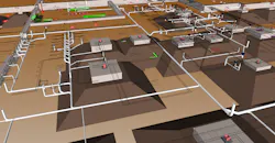 3D rendering for the underground piping: At the upper right is a kitchen, while on the left is a large bathroom group near what will become the student union. Drawn with a high degree of accuracy, the 3D rendering shows white blocks that are structural columns, while the brown areas beneath are called “areas of influence” — actually dirt with structural significance. As a result, no digging for pipe runs is permitted in these sections, as indicated by the rendering. 3D renderings like this make avoiding those kinds of problems — the expensive delays they can cause — much easier. 3D rendering for the underground piping: At the upper right is a kitchen, while on the left is a large bathroom group near what will become the student union. Drawn with a high degree of accuracy, the 3D rendering shows white blocks that are structural columns, while the brown areas beneath are called “areas of influence” — actually dirt with structural significance. As a result, no digging for pipe runs is permitted in these sections, as indicated by the rendering. 3D renderings like this make avoiding those kinds of problems — the expensive delays they can cause — much easier.