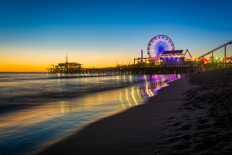 The Santa Monica Pier at sunset.