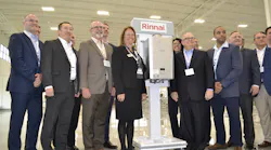 Rinnai executives gathered around the first tankless unit produced at the company's new Griffin, GA facility. Rinnai executives gathered around the first tankless unit produced at the company's new Griffin, GA facility.