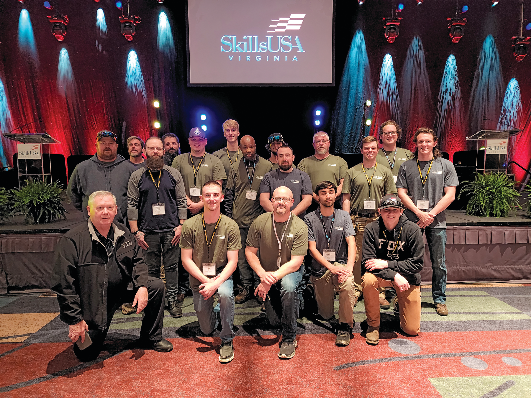 Virginia Technical Institute (VTI) at SkillsUSA Virginia Championships. First row (kneeling), first from the left is Bob Hefner, VTI plumbing instructor, third from the left is Brett Hall, Dean of Instruction at VTI and fourth from the left is Gabriel Sacco, the nation&rsquo;s best plumber in 2021.