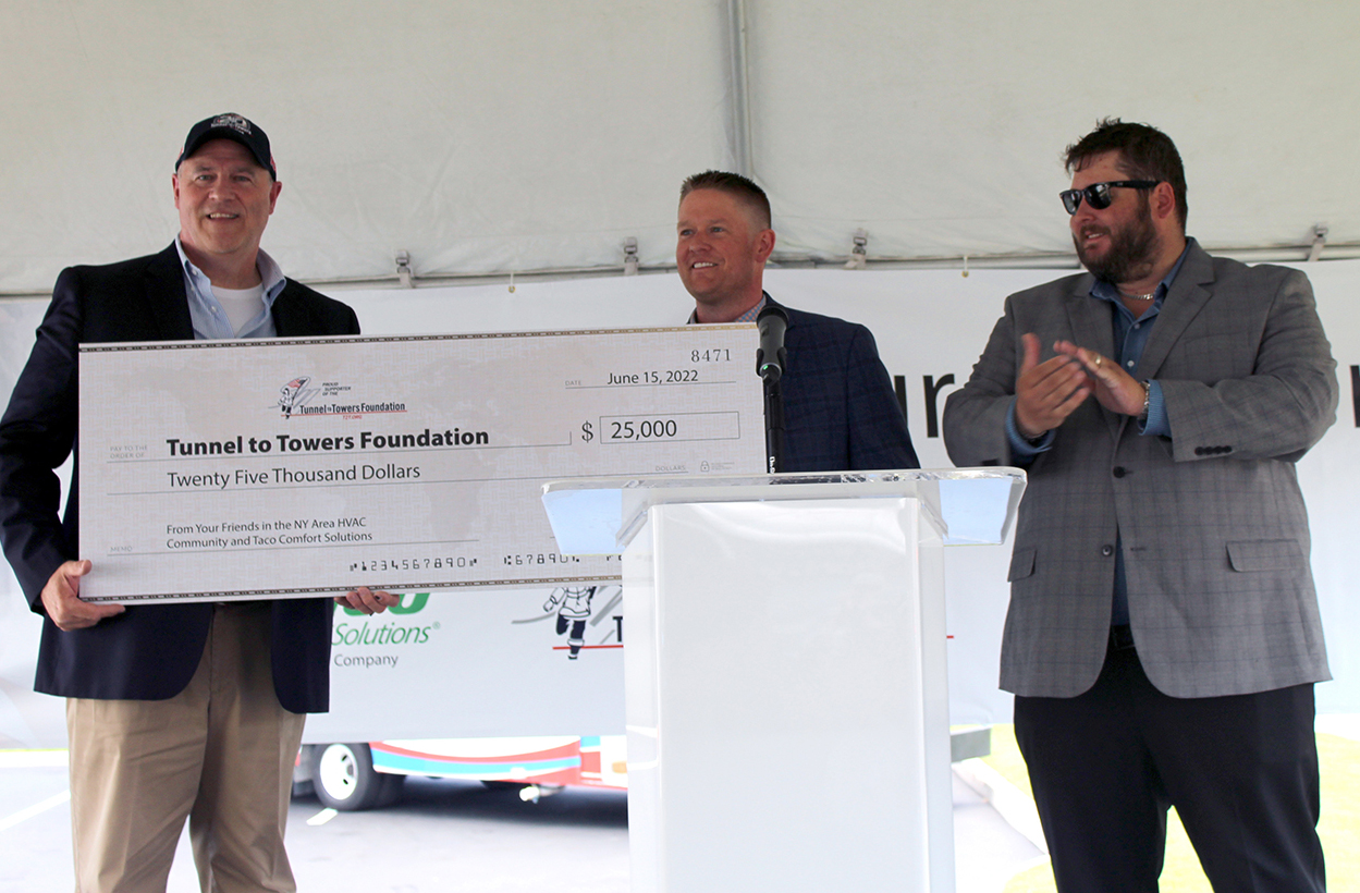 From left to right, Tunnel to Towers Foundation representative Andrew McClure receives a check for $25,000 from Taco Comfort Solutions&rsquo; Benjamin White, Manager, Supply Chain, and John White, III, Sr. Vice President, OEM Sales.