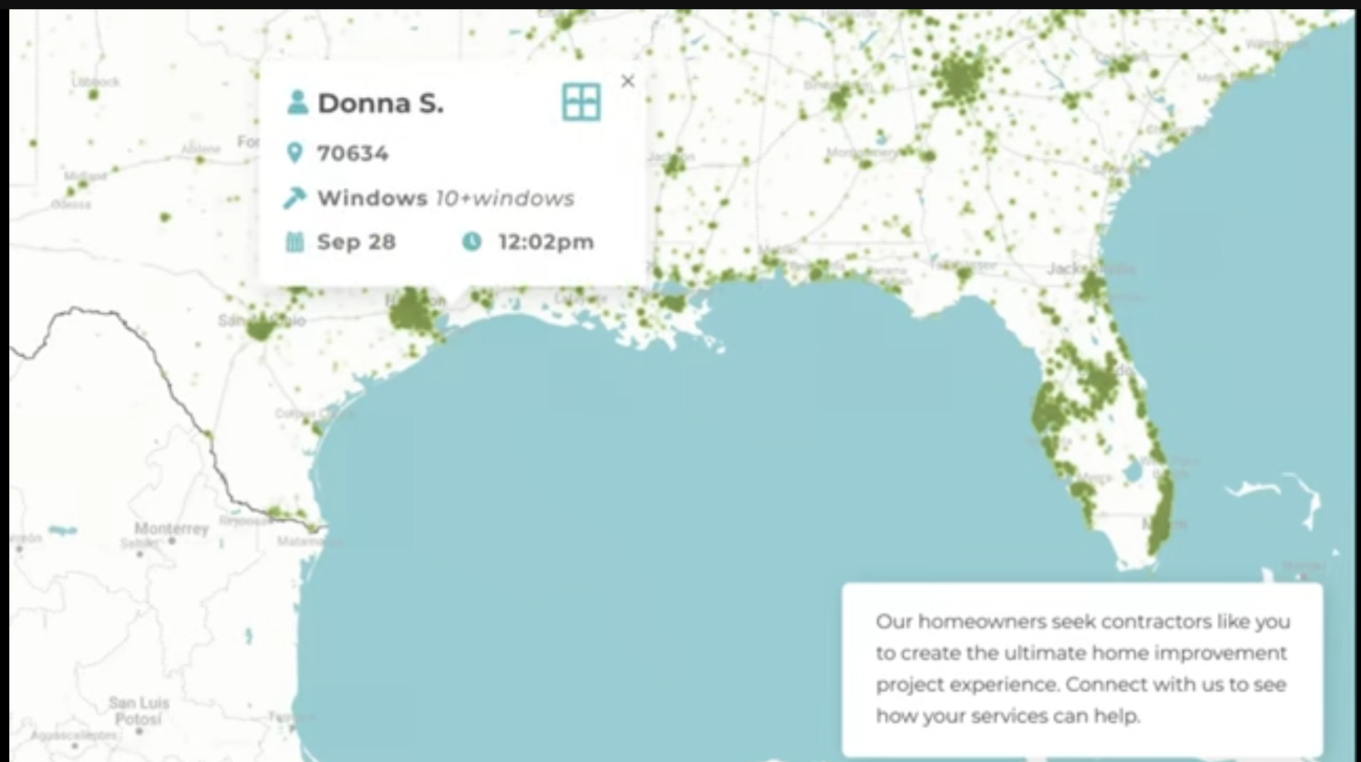 A geographic display from the Modernize home services lead generator.