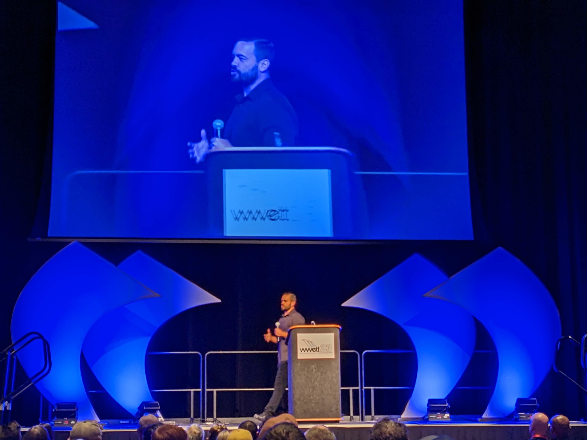 Former Navy Seal Chad Williams delivers the keynote to attendees at the WWETT Show in Indianapolis.