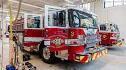 In the enclosed, radiantly-heated equipment bays, the spit-shined red and gold trucks are kept in mint condition. If garage doors are opened for a quick exit during the winter months, the radiant heat assures fast set-temp recovery. In the enclosed, radiantly-heated equipment bays, the spit-shined red and gold trucks are kept in mint condition. If garage doors are opened for a quick exit during the winter months, the radiant heat assures fast set-temp recovery.