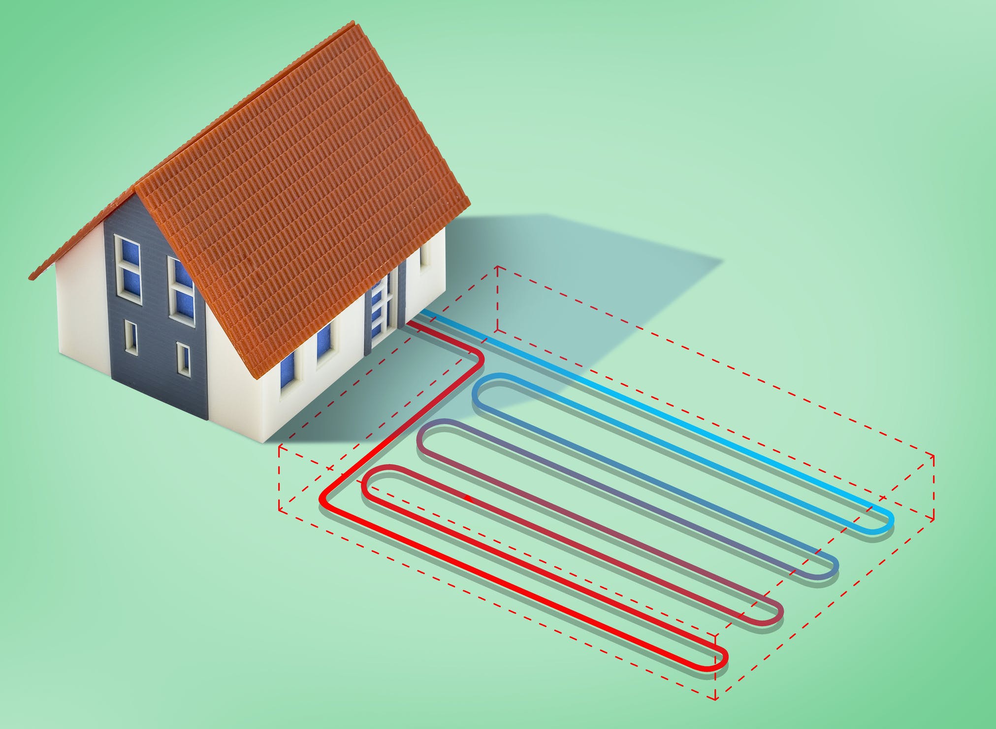 Geothermal heating and cooling system linear with ground horizontal collector.
