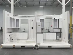 The Saniflo Rear Discharge Toilet is located on the left side in this Boxabl studio apartment. The Saniflo Rear Discharge Toilet is located on the left side in this Boxabl studio apartment.