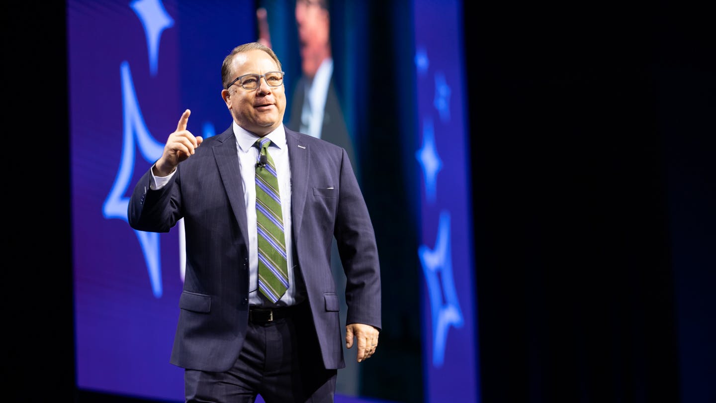 Outgoing President Robert Beck takes the stage on the first day of the MCAA's Annual Convention in Orlando, FL.