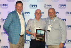 PPI President, David Fink (left) congratulates Jean-François Lavoie and Phillipe Côté of Versaprofiles on winning the Project of the Year for the Building & Construction Division of the association. PPI President, David Fink (left) congratulates Jean-François Lavoie and Phillipe Côté of Versaprofiles on winning the Project of the Year for the Building & Construction Division of the association.