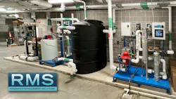 Hooper’s new corporate HQ and fabrication facility includes a complete commercial rainwater harvesting system from RMS. Water is captured from the roof and stored in a below ground concrete cistern. Water is transferred with a submersible pump through an RMS treatment skid (pictured) and stored in a 1000-gallon day tank that is injected and recirculated with chlorine. Hooper’s new corporate HQ and fabrication facility includes a complete commercial rainwater harvesting system from RMS. Water is captured from the roof and stored in a below ground concrete cistern. Water is transferred with a submersible pump through an RMS treatment skid (pictured) and stored in a 1000-gallon day tank that is injected and recirculated with chlorine.