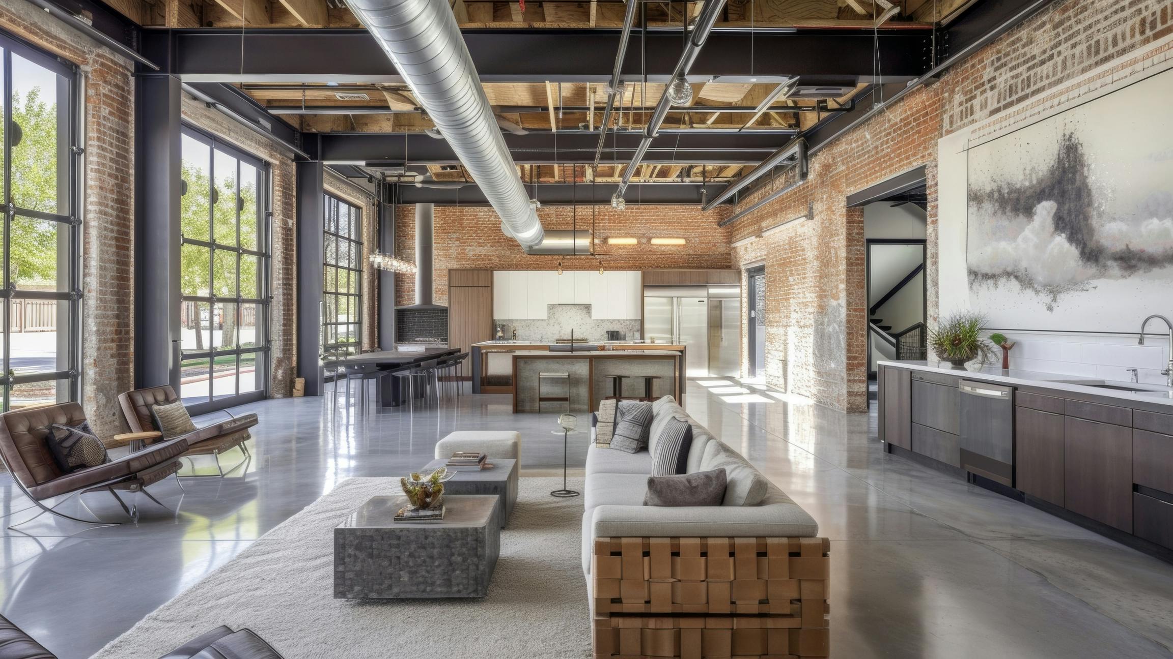 With a nod to its past as a manufacturing plant this adaptive reuse home incorporates original steel beams and exposed brick walls into its modern design. AI-generated image.
