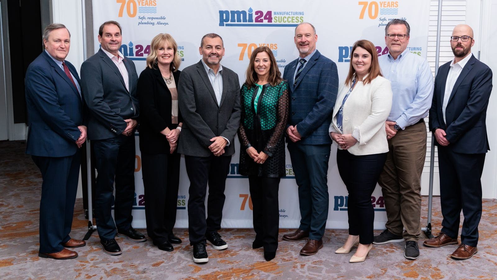 The 2025 Plumbing Manufacturers International Board of Directors, with PMI CEO/Executive Director Kerry Stackpole (far left). l-r: Michael Reffner, Moen; Kate Olinger, Uponor-GF Building Flow Solutions; Troy Benavidez, LIXIL; board president Belinda Wise, Neoperl; immediate past board president Chip Way, Lavelle Industries; Paige Riddle, LSP Products; board secretary/treasurer Lowell Lampen, Kohler; and board vice president Bob Neff, Delta Faucet Company.