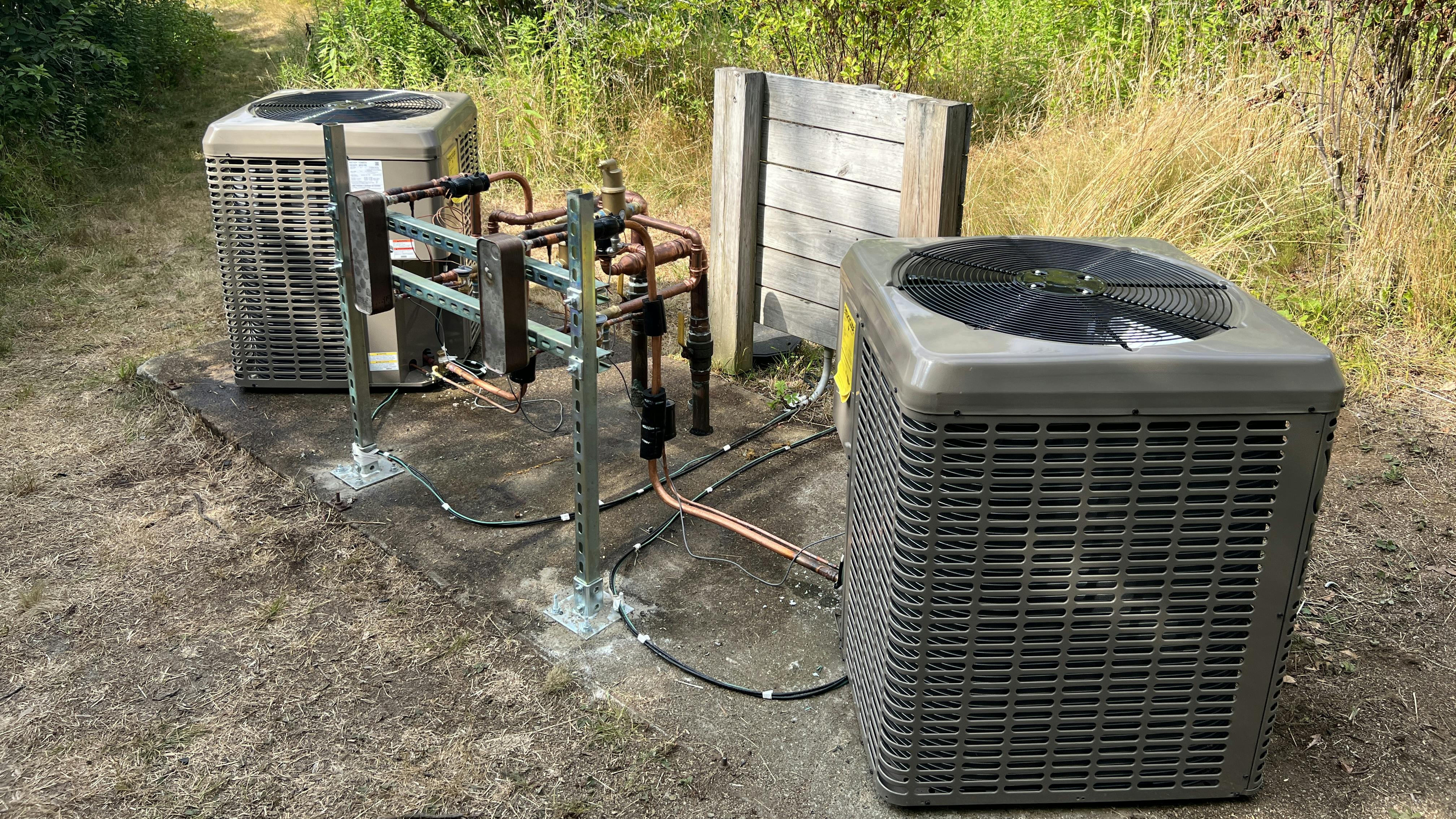 The restored system, Note the strut framework to keep the exchangers off the pad.