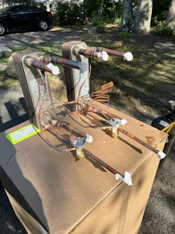 Twin brazed plat heat exchangers ready for installation. Twin brazed plat heat exchangers ready for installation.