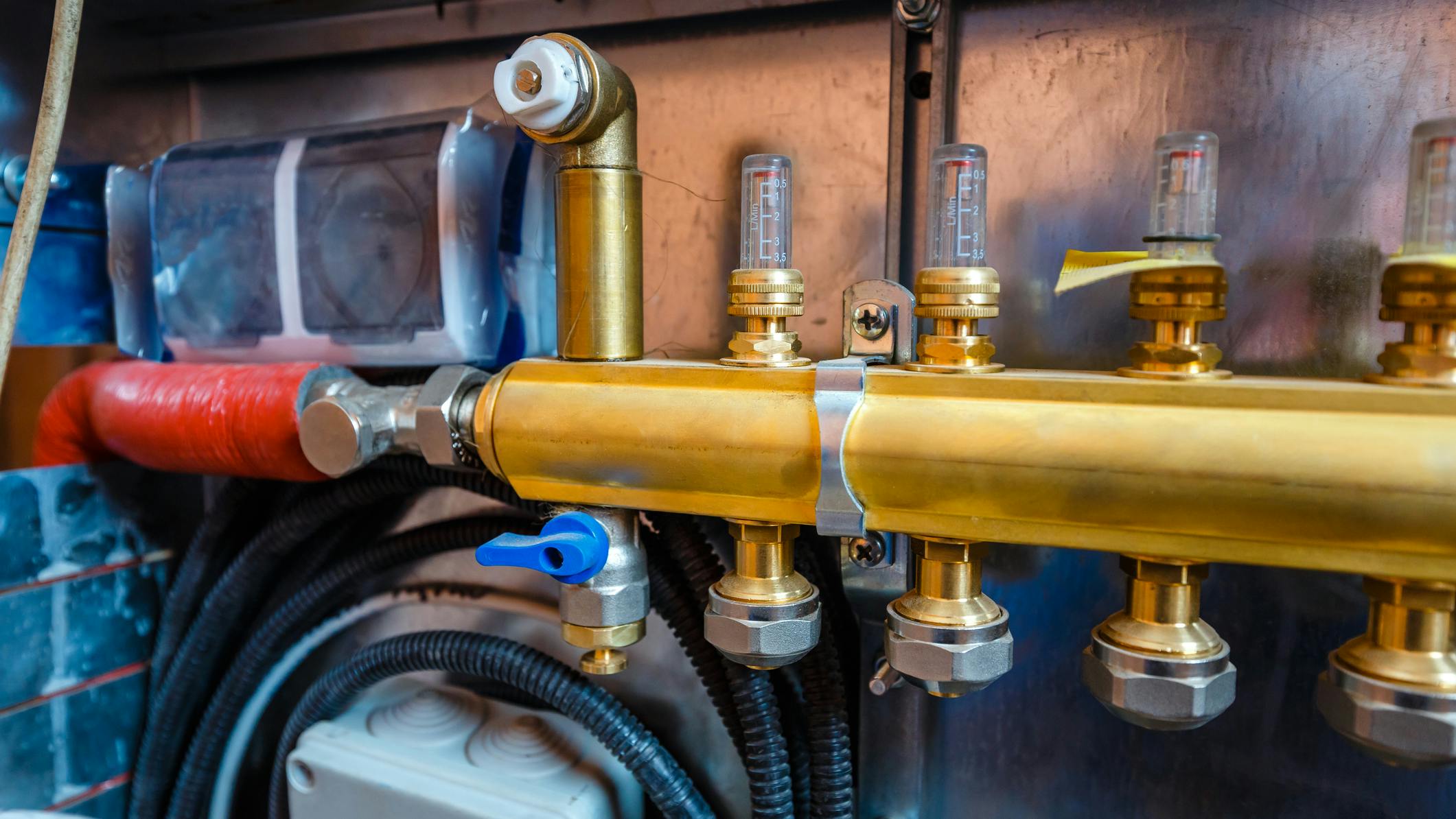A hydronic heating system manifold.