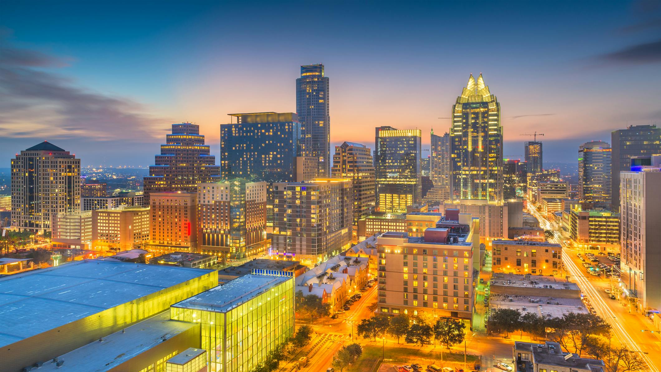 Downtown Austin, TX, at dusk.