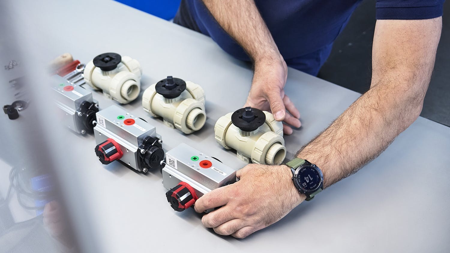 Valve automation center components on display.