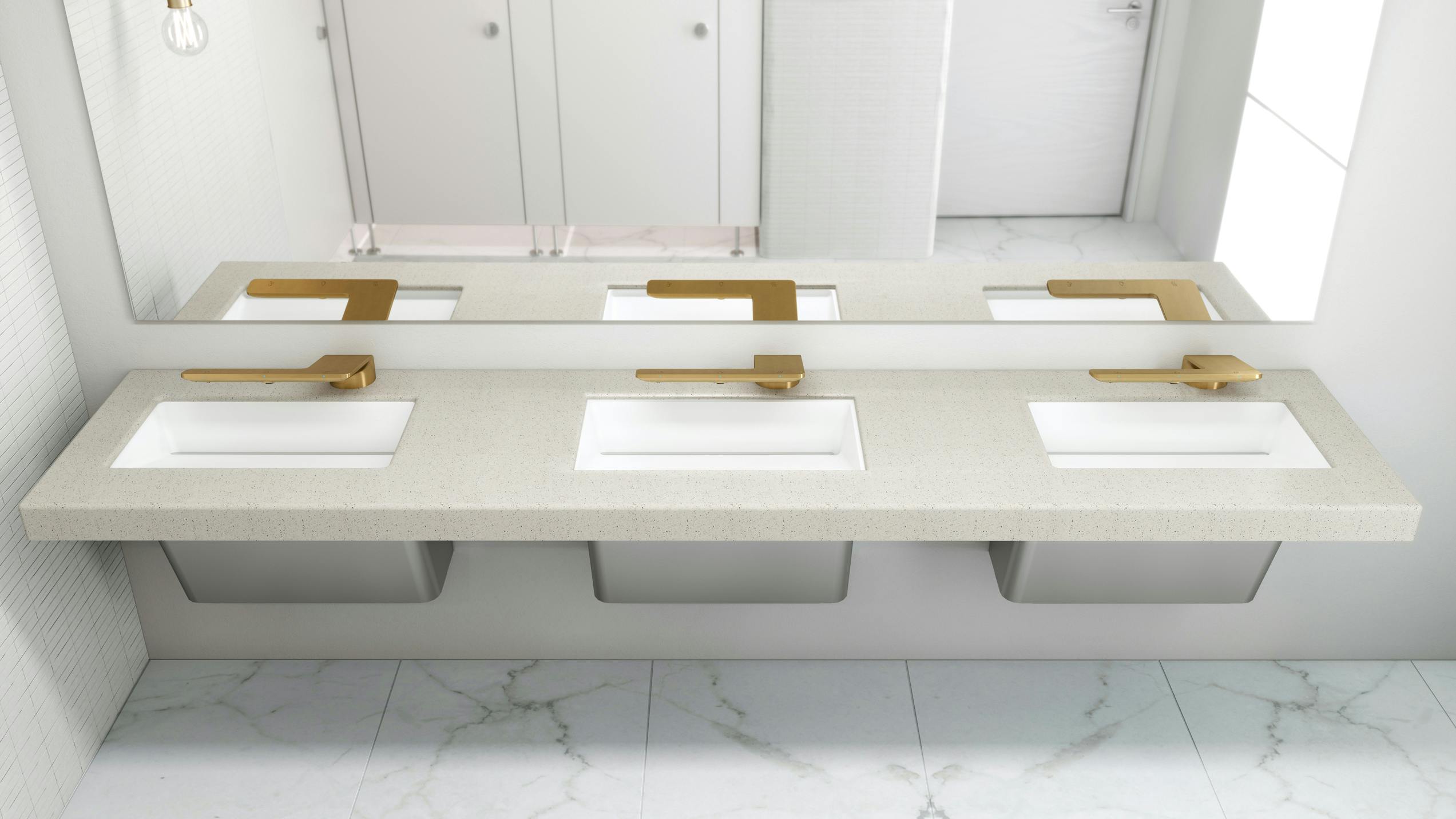 Bradley's next-generation WashBar Station, shown with brass fixtures.