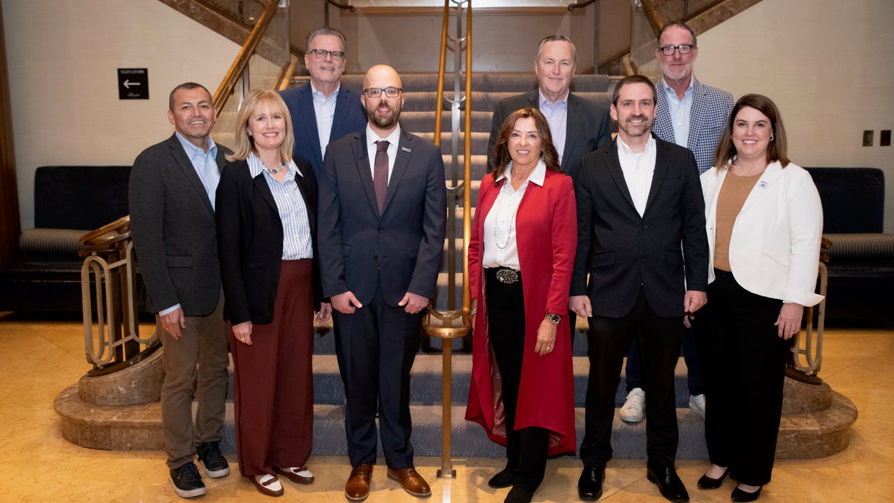 The 2026 Plumbing Manufacturers International Board of Directors, with PMI CEO/Executive Director Kerry Stackpole. l-r: Troy Benavidez, LIXIL; Kate Olinger, Uponor-GF Building Flow Solutions; board vice president Lowell Lampen, Kohler; 2026 board president Bob Neff, Delta Faucet Company; 2025 board president Belinda Wise, Neoperl US; Stackpole; John Confrey, Falcon Water Technologies; Tim O'Keefe, Symmons Industries; and board secretary/treasurer Paige Riddle, LSP Products.