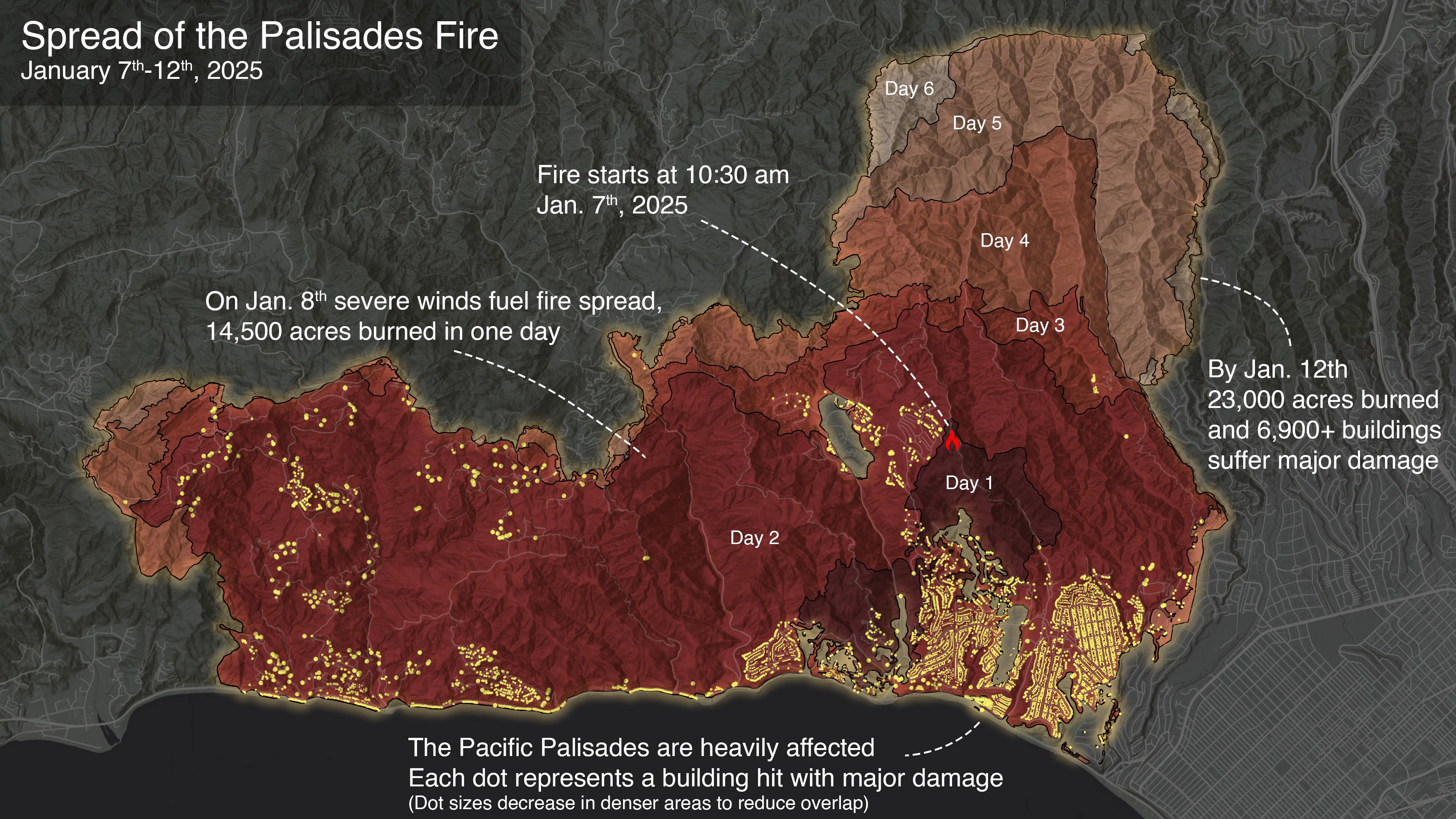 A satellite view of the Palisades Fire.