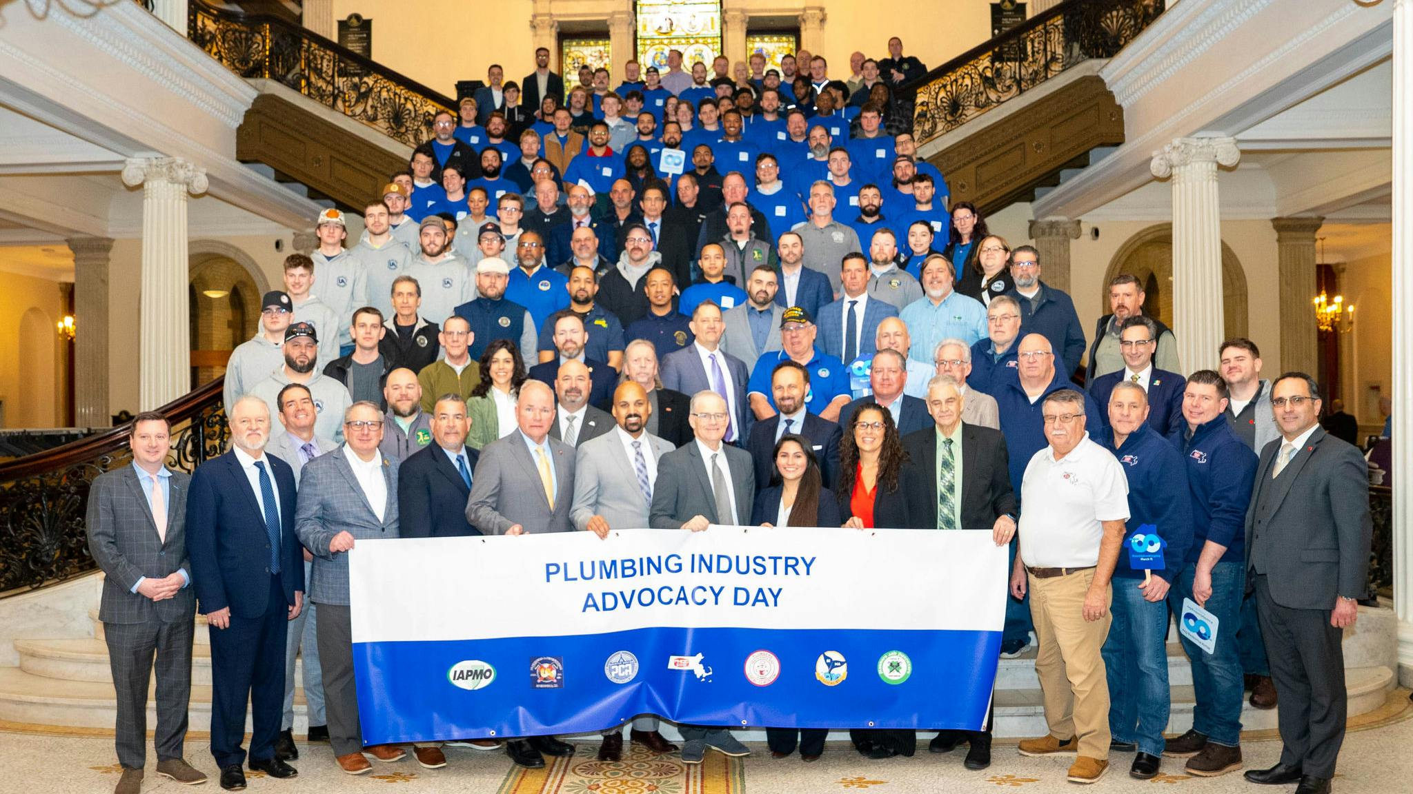 Members of the Greater Boston PCA and Plumbers Local 12 at the Massachusetts&rsquo; State House for World Plumbing Day.