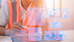 An engineer working on site with icon of work safety tools on concept of workplace safety. An engineer working on site with icon of work safety tools on concept of workplace safety.