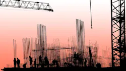 The silhouettes of construction workers, construction equipment and elements of a building The silhouettes of construction workers, construction equipment and elements of a building
