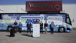 Arlen Kerst, a welder at Watchfire Signs for 10 years, gives a speech in front of the Makers on the Move tour bus during its Oct. 13 stop at Watchfire Signs. Arlen Kerst, a welder at Watchfire Signs for 10 years, gives a speech in front of the Makers on the Move tour bus during its Oct. 13 stop at Watchfire Signs.