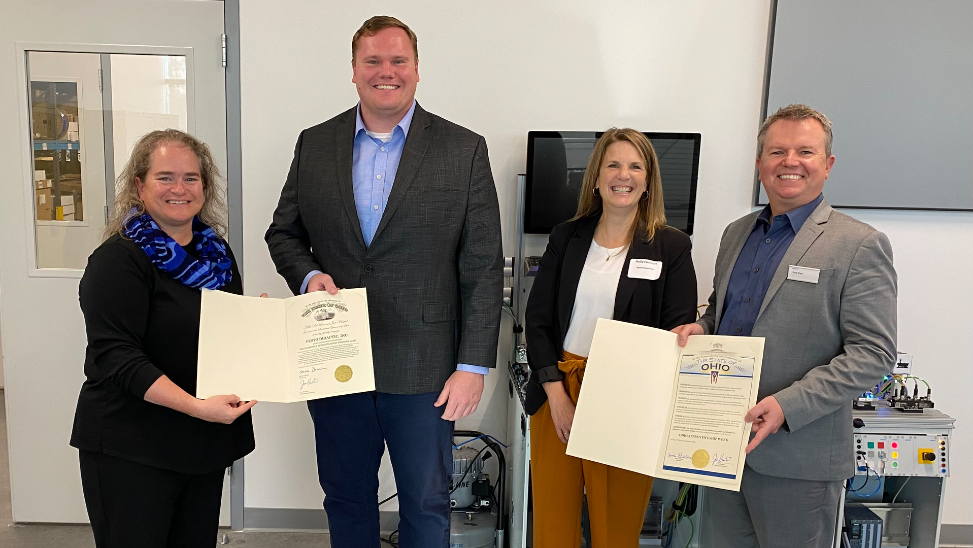 Festo Didactic announced on November 4 the expansion of its Mechatronics Apprenticeship Program and received State of Ohio proclamations for its continuing efforts to advance technology careers within Ohio. Pictured left to right: Kim Harper-Gage, COO North America, Festo; Derek Chancellor, Southwest Ohio Regional Liaison for Lt. Governor Jon Husted; Holly Endicott, Program Administrator ApprenticeOhio; and Tony Oran, VP Sales, Festo Didactic North America.