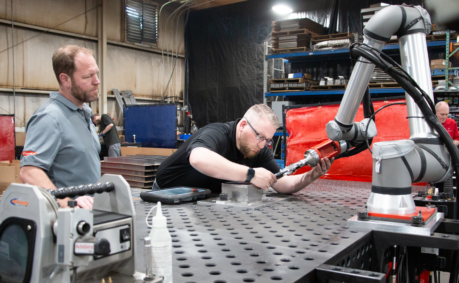 Turnkey systems for cobot welding, as seen here at sheet metal manufacturer Raymath in Ohio, is one of the solutions Universal Robots predicts will drive automation in 2023. Raymath&rsquo;s CEO wrote the purchase order right after experiencing a hands-on programming demo.