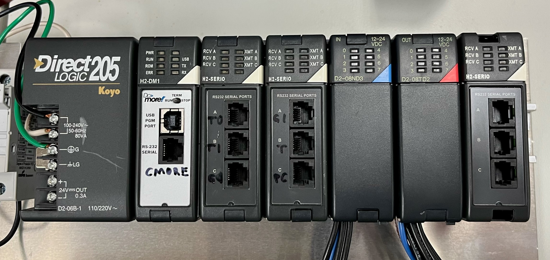 Figure 1: The chassis includes three H2-Serio modules, each of which has three RS-232 serial ports. There is an additional serial port available on the CPU, bringing the total available number of serial ports to 10.