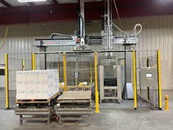 Figure 1: The gantry palletizer is a system designed for poultry processors so they can stack boxes of frozen chicken separated by special dunnage that allows air flow through the stacked boxes to assure the meat in the center of the pallet will be frozen completely. It is being marketed and sold as a pre-engineered system. Figure 1: The gantry palletizer is a system designed for poultry processors so they can stack boxes of frozen chicken separated by special dunnage that allows air flow through the stacked boxes to assure the meat in the center of the pallet will be frozen completely. It is being marketed and sold as a pre-engineered system.