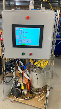 Figure 3: While the emergency stop button is hardwired, two additional buttons are connected to the PLC and are used for various functions as indicated by the HMI. (Source: Team Still Standing) Figure 3: While the emergency stop button is hardwired, two additional buttons are connected to the PLC and are used for various functions as indicated by the HMI. (Source: Team Still Standing)