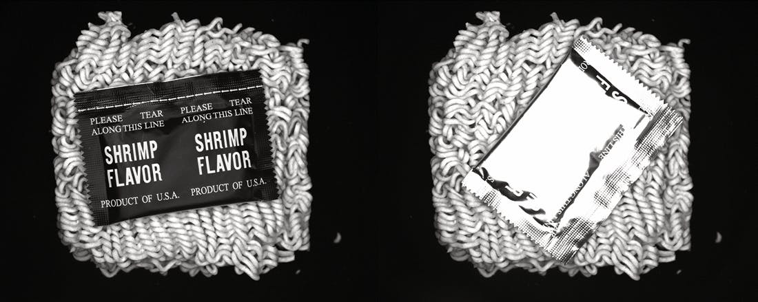 The image on the left shows a good image of a ramen packet. The image on the right has the same ramen packet at a 45&deg; orientation. The polarizing effect is lost when certain materials are oriented 45&deg;, and it is impossible to know without testing.
