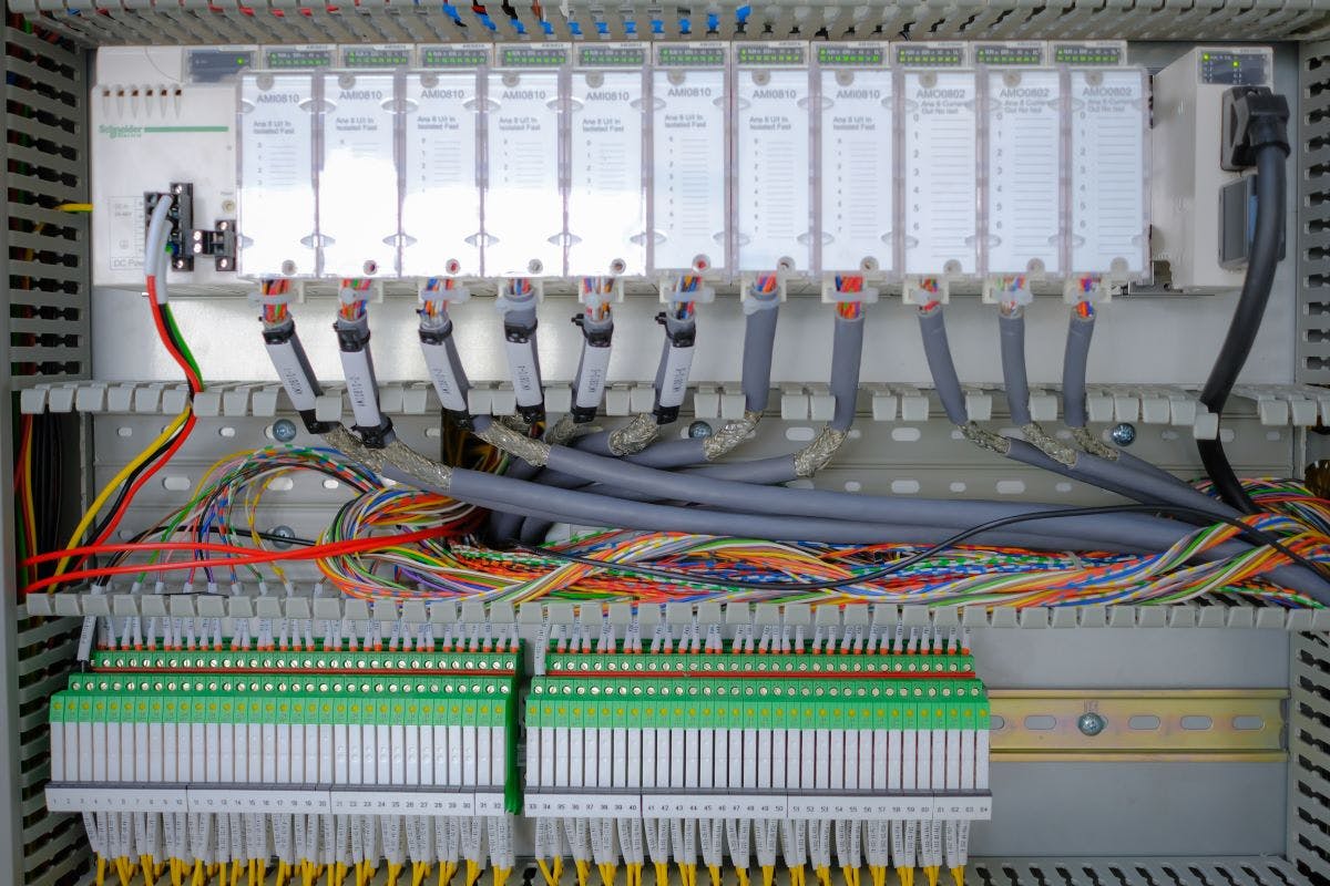 Wiring PLC Control panel with wires industrial factory