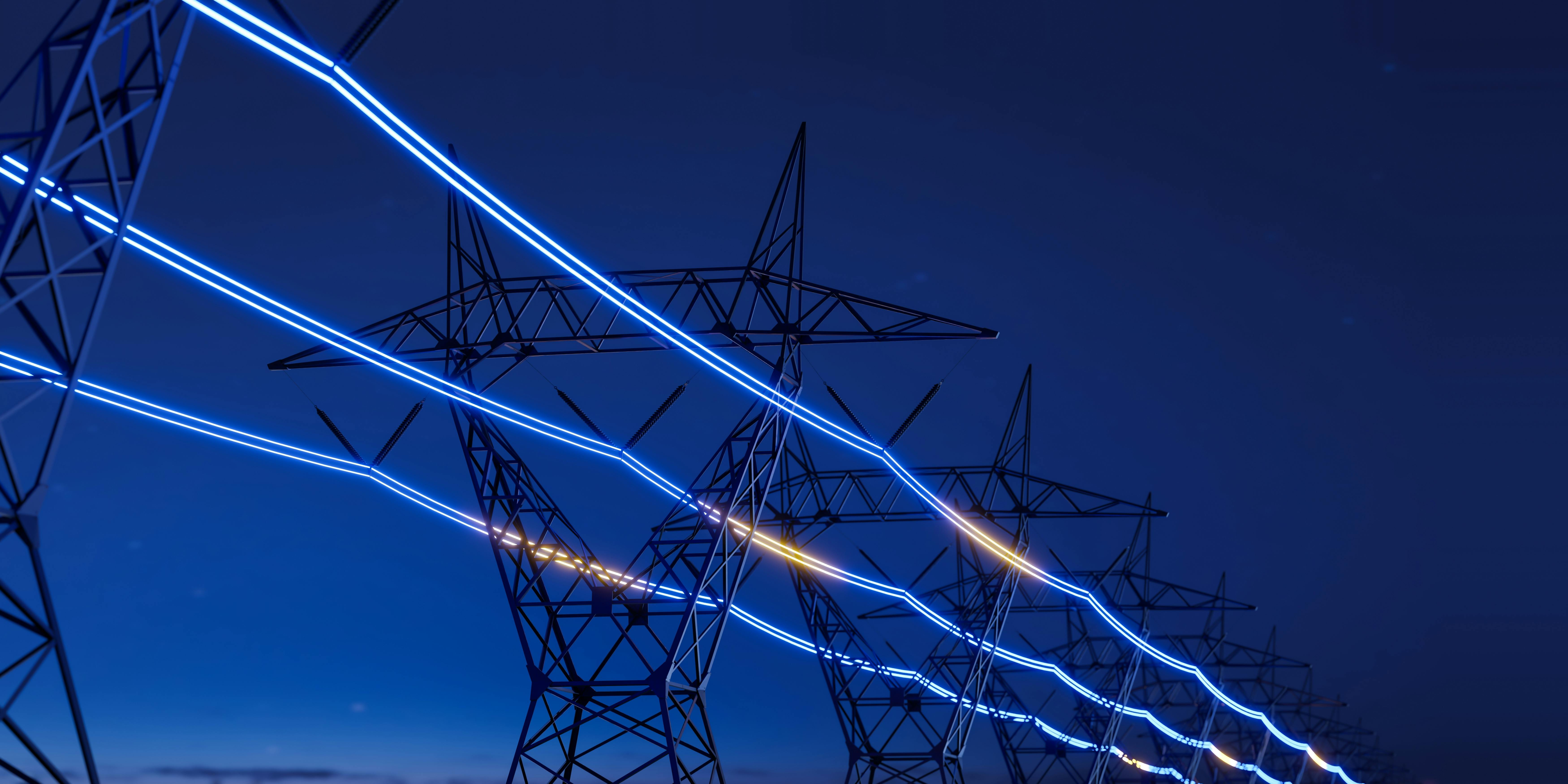 High-voltage electric transmission tower with glowing current line