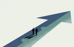 Business partnership, merger and acquisition concept, businessmen handshaking on assembled arrow jigsaw, vector illustration. Business partnership, merger and acquisition concept, businessmen handshaking on assembled arrow jigsaw, vector illustration.