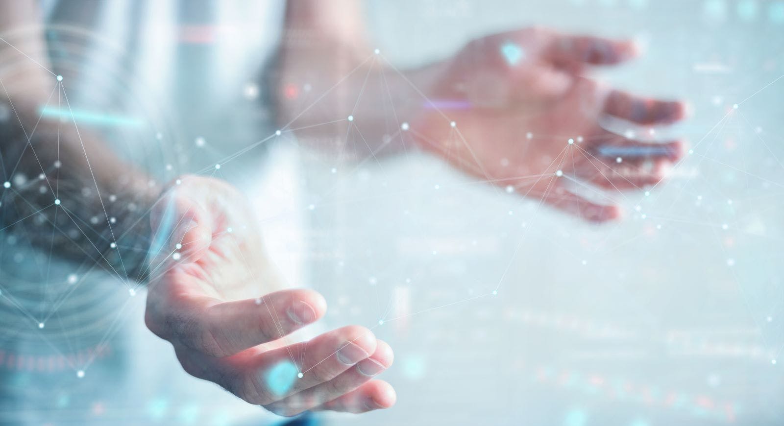 Businessman on blurred background using floating digital network connections with dots and lines 3D rendering