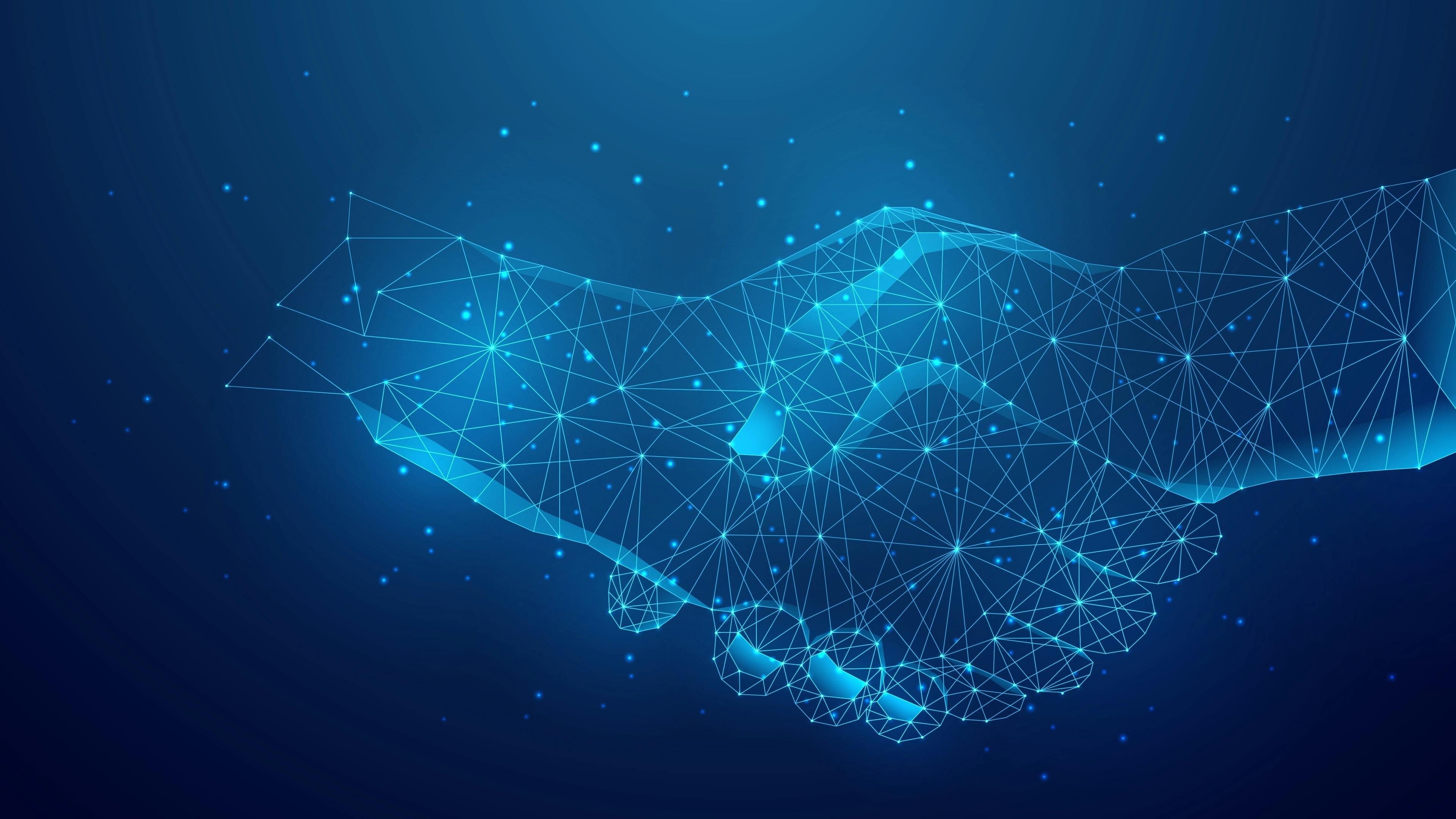 illustration of a business deal handshake and cooperation agreement. blue low poly style futuristic background.