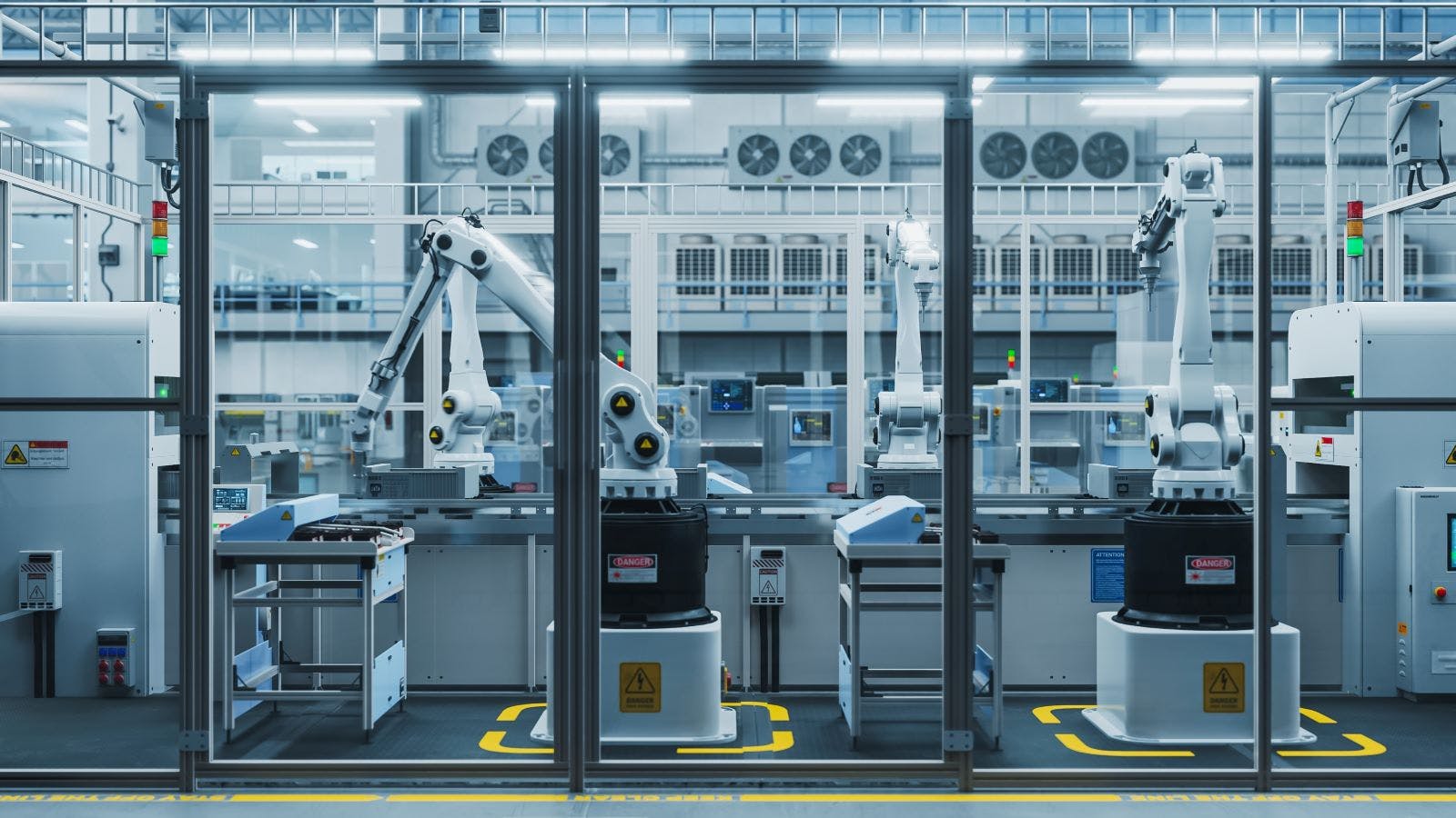 3D Render Of Robotic Arm Conveyor Line Manufacturing Industrial Electronic Devices. Advanced Automated AI Assembly Line Producing High-Tech Products for the Information Technology Industry.
