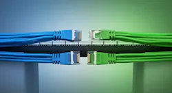 An image showing a bridge connecting blue cables on one side and green cables on the other side. The blue cables represent traditional 4-pair Ethernet, and the green cables represent Single Pair Ethernet. An image showing a bridge connecting blue cables on one side and green cables on the other side. The blue cables represent traditional 4-pair Ethernet, and the green cables represent Single Pair Ethernet.