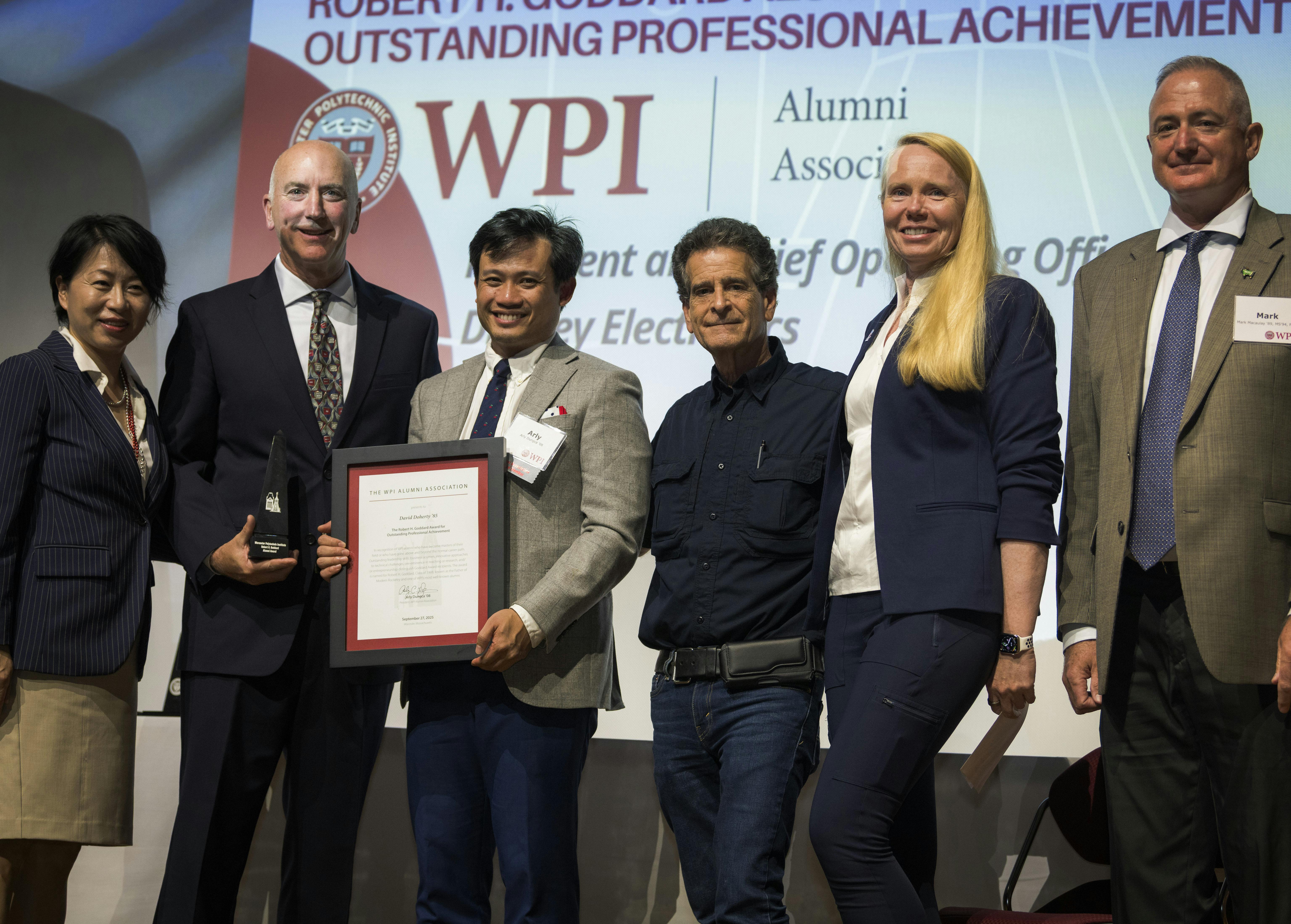 Pictured (from left): Grace Wang, WPI president; Doherty; Arly Dungca, WPI alumni association president; Dean Kamen, founder of DEKA Research and FIRST; Maureen Toohey, managing member, Toohey Law Group and deputy executive director, Advanced Regenerative Manufacturing Institute (ARMI); and Mark Macaulay, WPI alumni association citations committee chair.