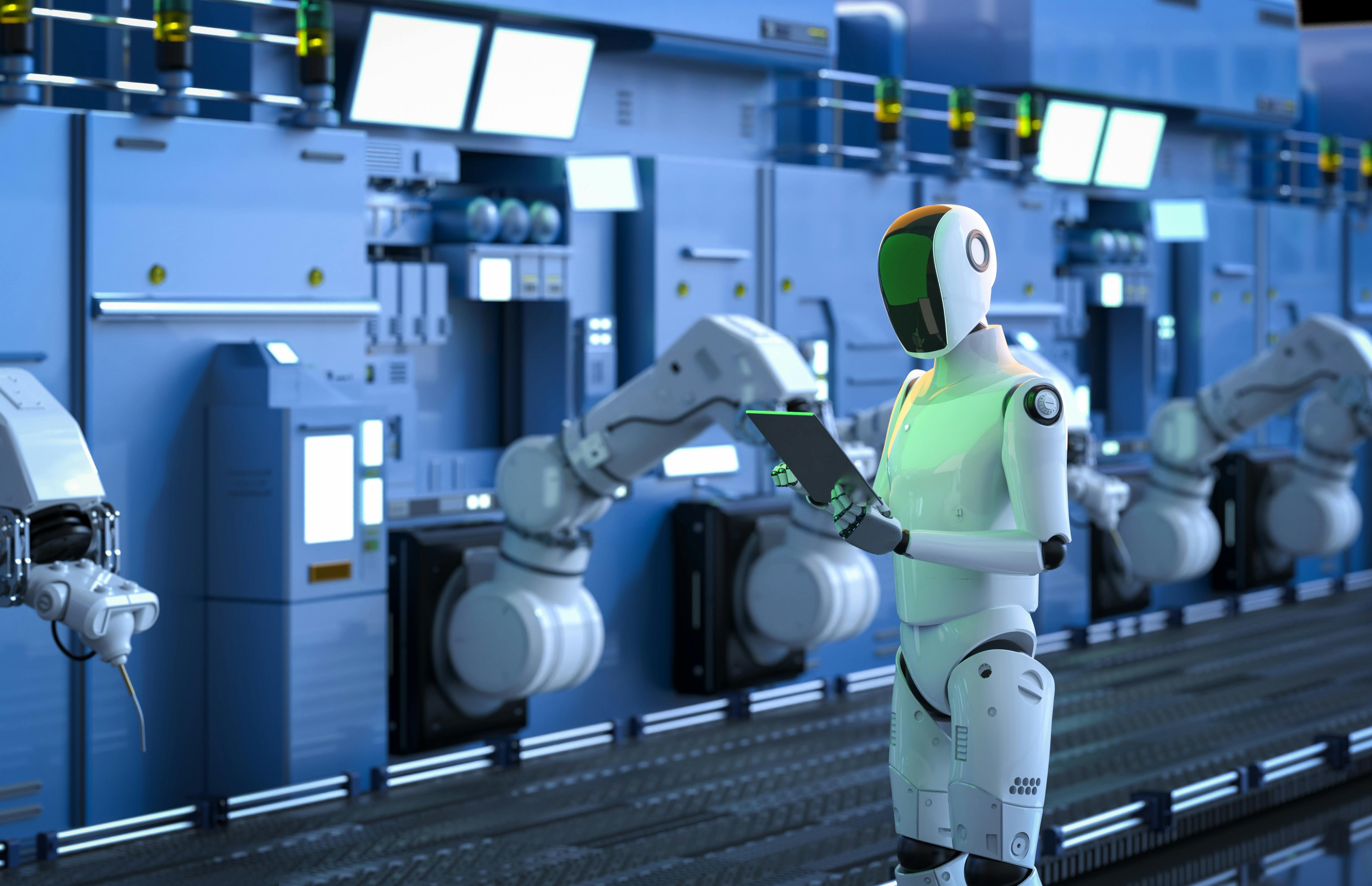 Automation factory concept with 3d rendering humanoid robot working with robot assembly line in factory